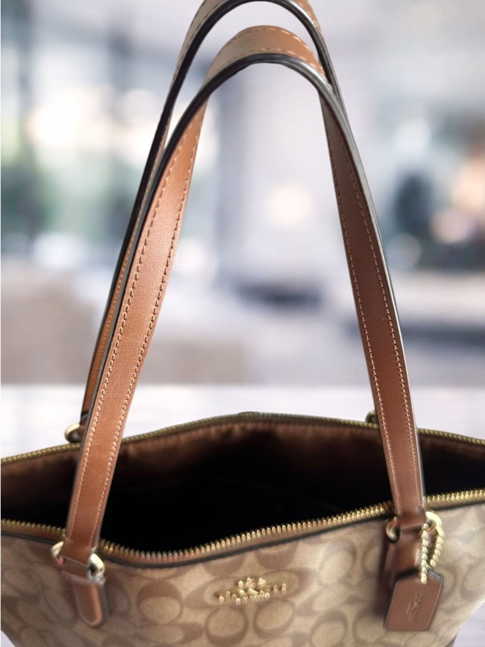 Coach Monogram Canvas Tote in Brown with Leather Trim - Picture 4 of 7
